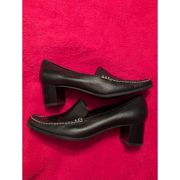 Aerosoles True Blue Loafers Womens 10 B Black Leather Contrast Stitch Block Heel - Picture 3 of 9